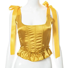 Solid Square Backless Lace Ribbons Corset - Yellow / S