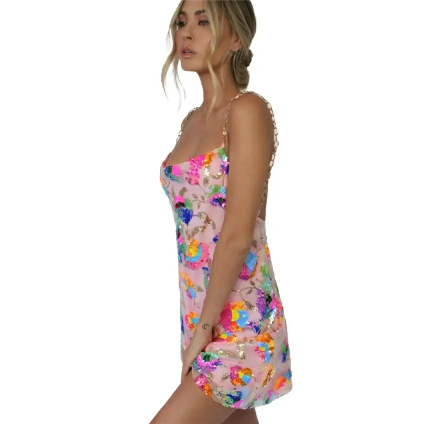 Spandex Backless Chain Straps Sequin Dress