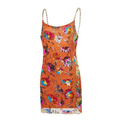Spandex Backless Chain Straps Sequin Dress Orange / S
