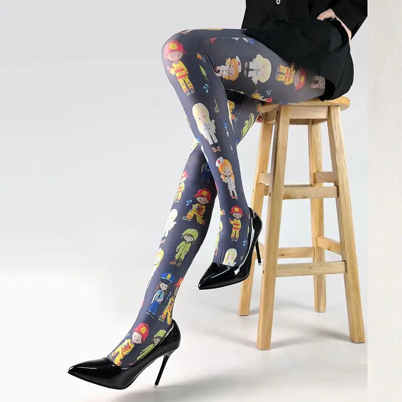 Spandex Nylon Multiple Designe Print Tights Blue