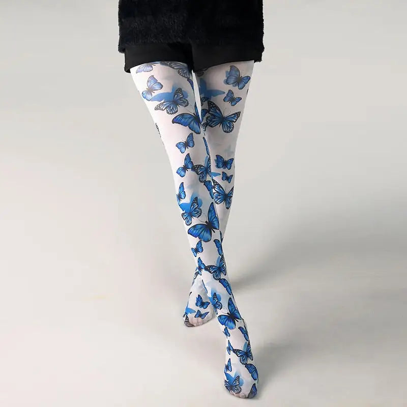 Spandex Nylon Multiple Designe Print Tights White - Blue