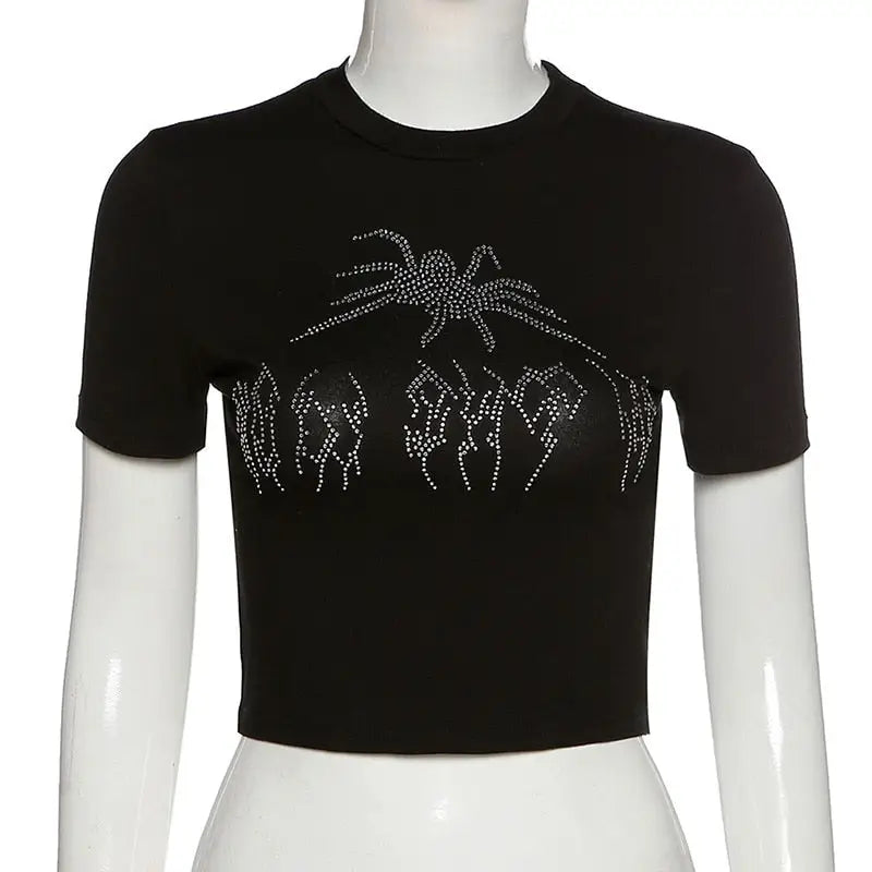 Spider Goth Rhinestone Crop Top - crop top