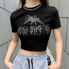 Spider Goth Rhinestone Crop Top - S / Black - crop top
