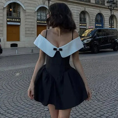 Spliced Lapel Bow Short Sleeveless Backless Gowns Patchwork Dress