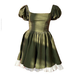 Square Collar Elegant Short Sleeve Dress - Green / S - Mini