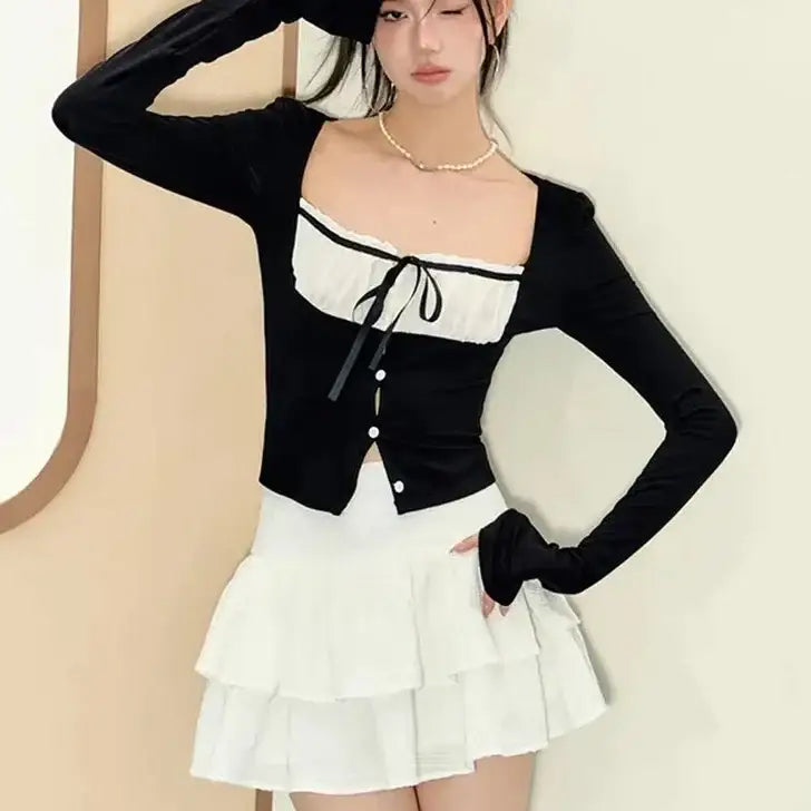Square Collar Long Sleeve Set Top + Tiered Ruffles Skirt