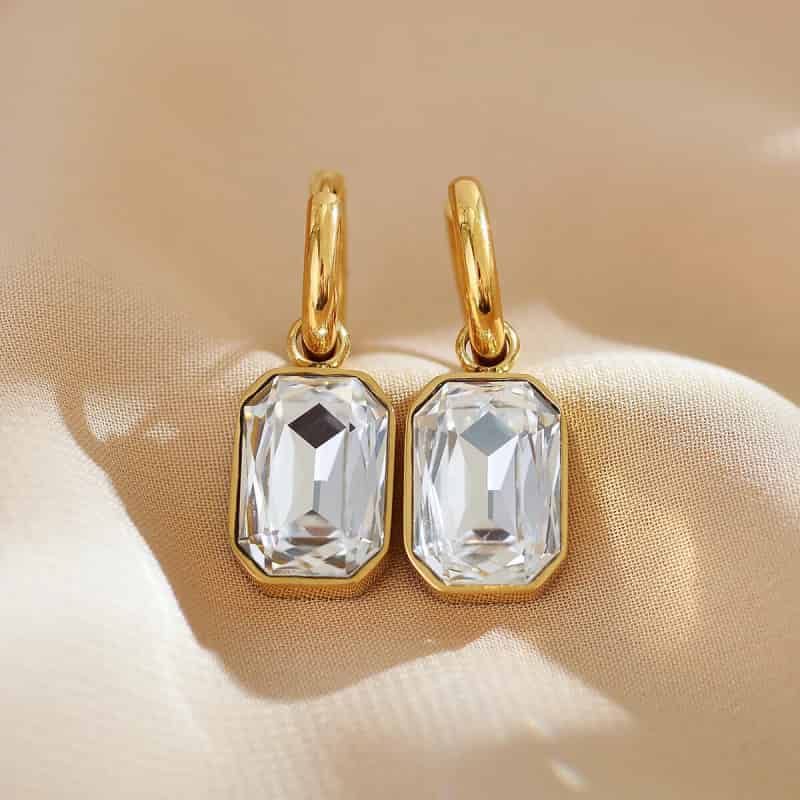 Square Crystal Stainless Steel Drop Hoop Earrings White