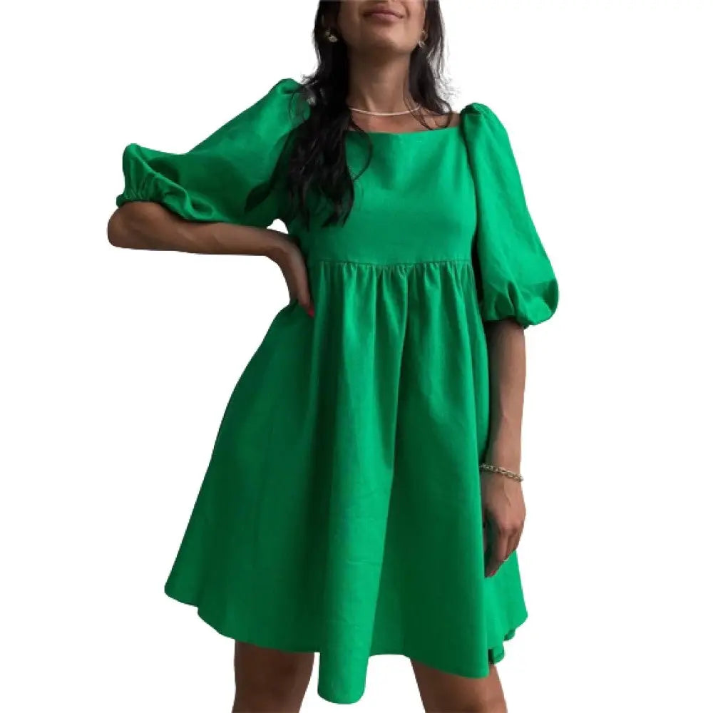 Square Neck Backless Puff Sleeve Loose Dresses - Green / S