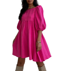 Square Neck Backless Puff Sleeve Loose Dresses - Pink / S
