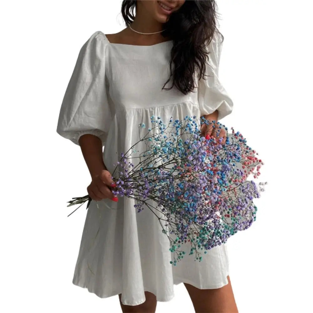 Square Neck Backless Puff Sleeve Loose Dresses - UrbanWearOutsiders Square Neck Backless Puff Sleeve Loose Dresses - UrbanWearOutsiders