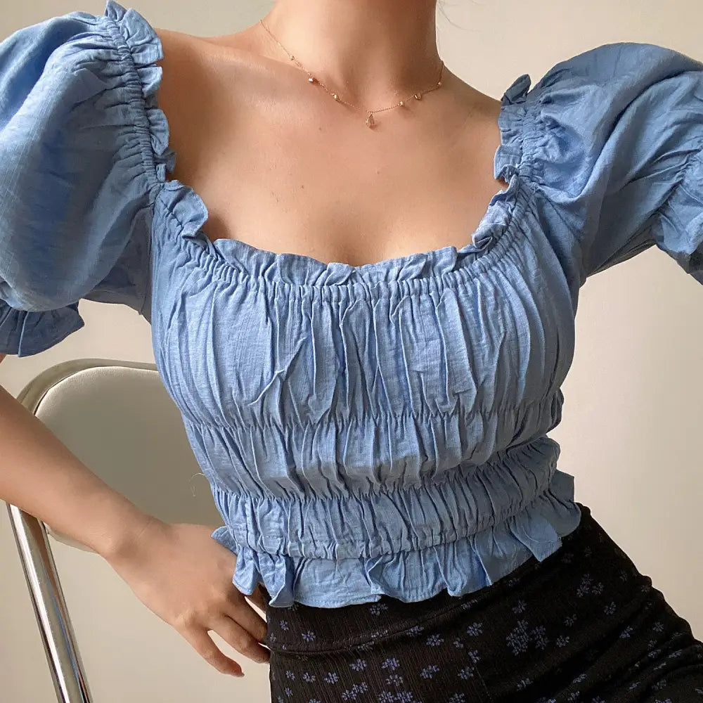 Square Neck Pleated Crop Top - crop top