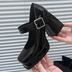 Square Toe Patent Buckle Up Strap Shoes