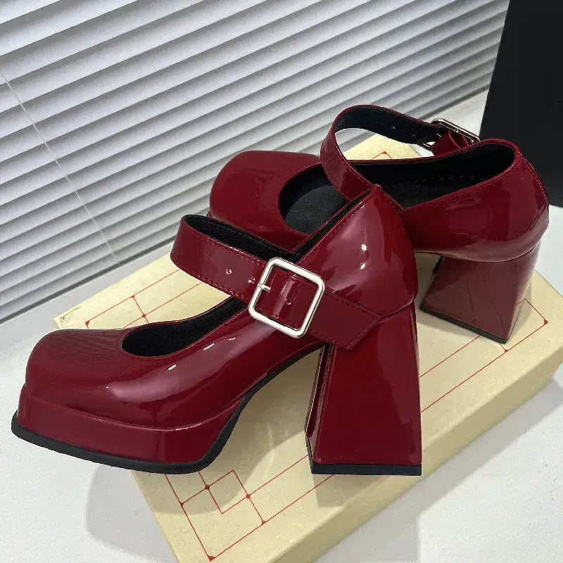 Square Toe Patent Buckle Up Strap Shoes