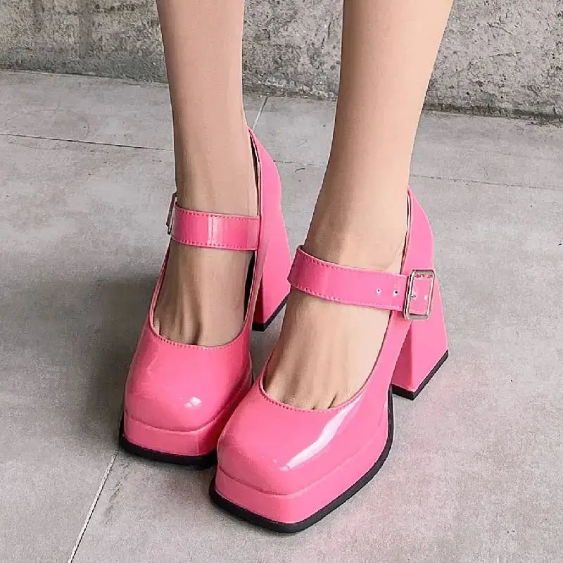 Square Toe Patent Buckle Up Strap Shoes