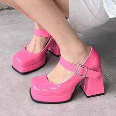 Square Toe Patent Buckle Up Strap Shoes