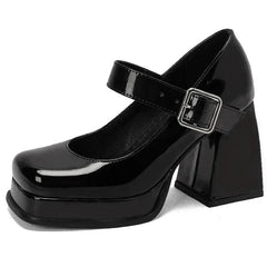 Square Toe Patent Buckle Up Strap Shoes