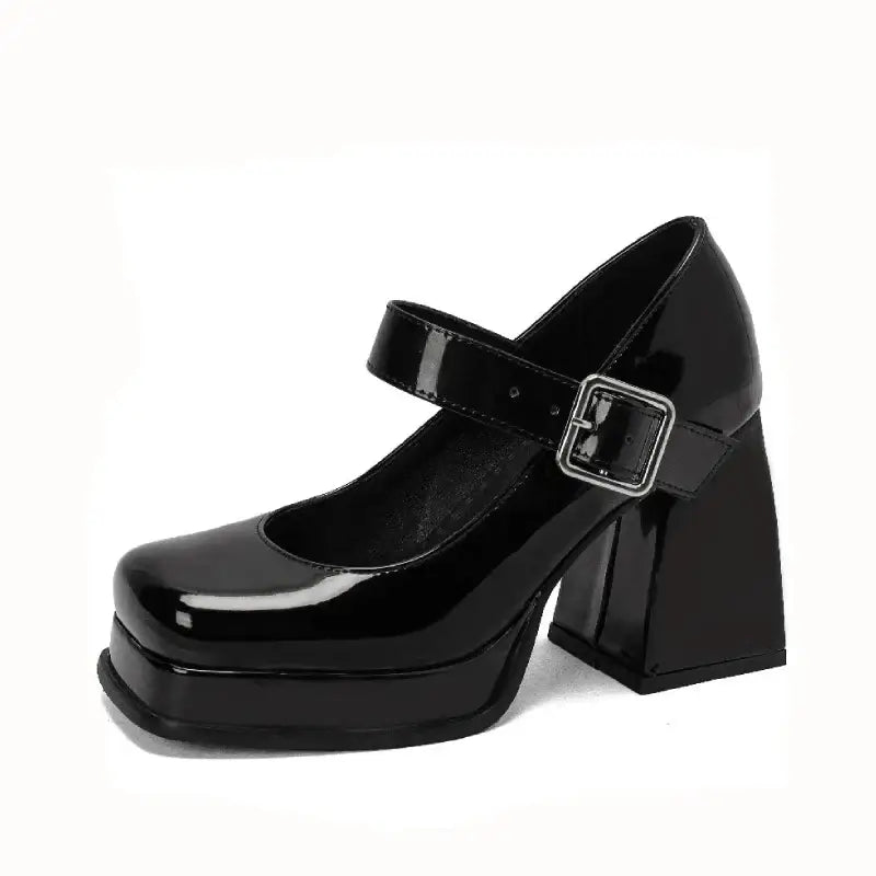 Square Toe Patent Buckle Up Strap Shoes - Black / 4.5