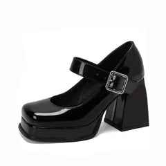 Square Toe Patent Buckle Up Strap Shoes