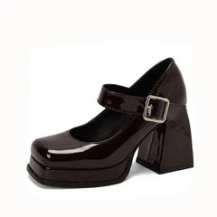Square Toe Patent Buckle Up Strap Shoes - Dark Brown / 4.5