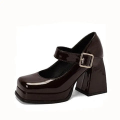 Square Toe Patent Buckle Up Strap Shoes