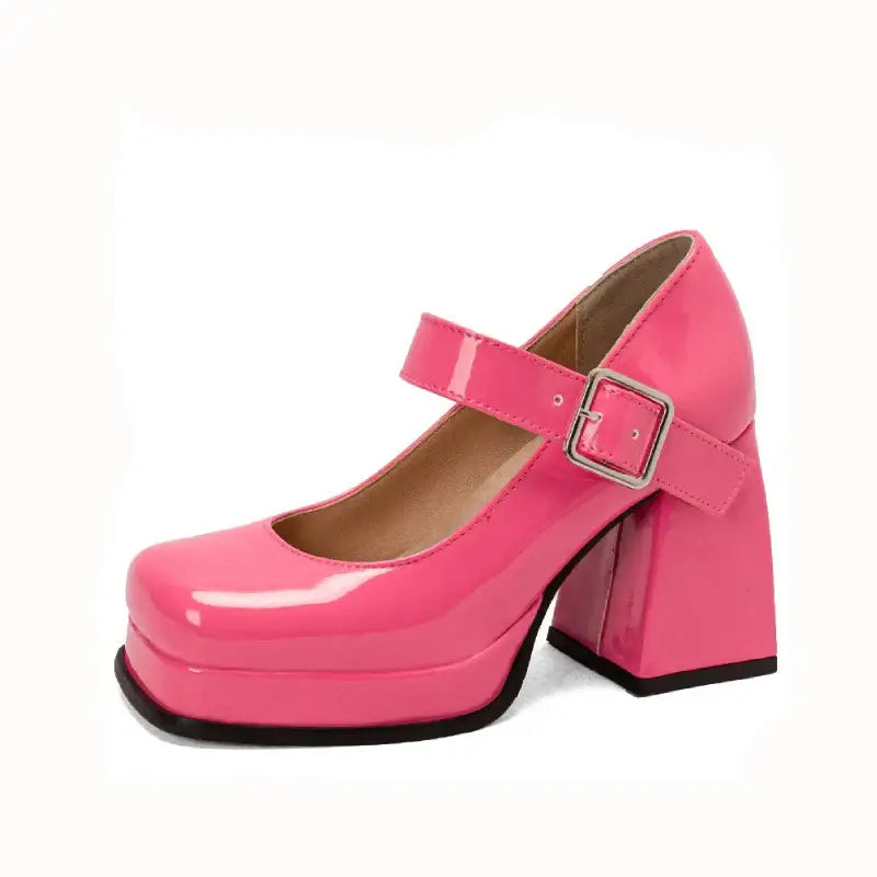 Square Toe Patent Buckle Up Strap Shoes - Pink / 4.5