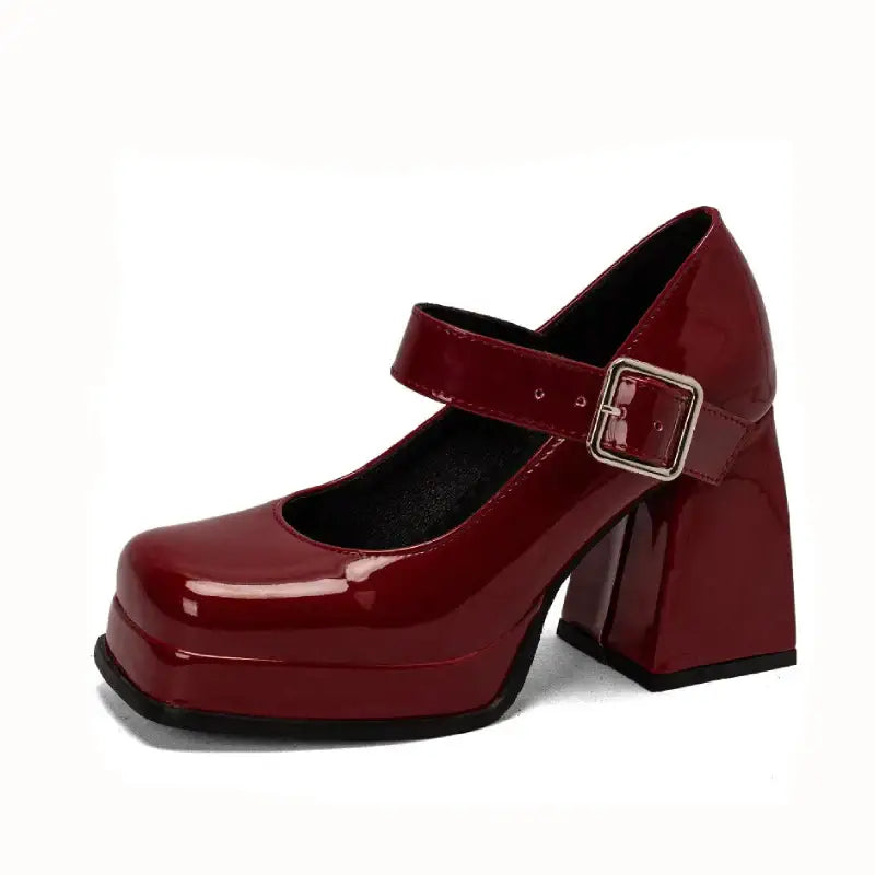 Square Toe Patent Buckle Up Strap Shoes - Red Wine / 4.5