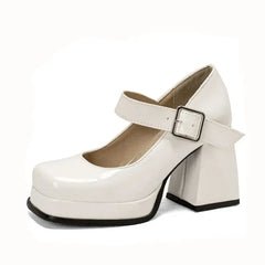 Square Toe Patent Buckle Up Strap Shoes - White / 4.5
