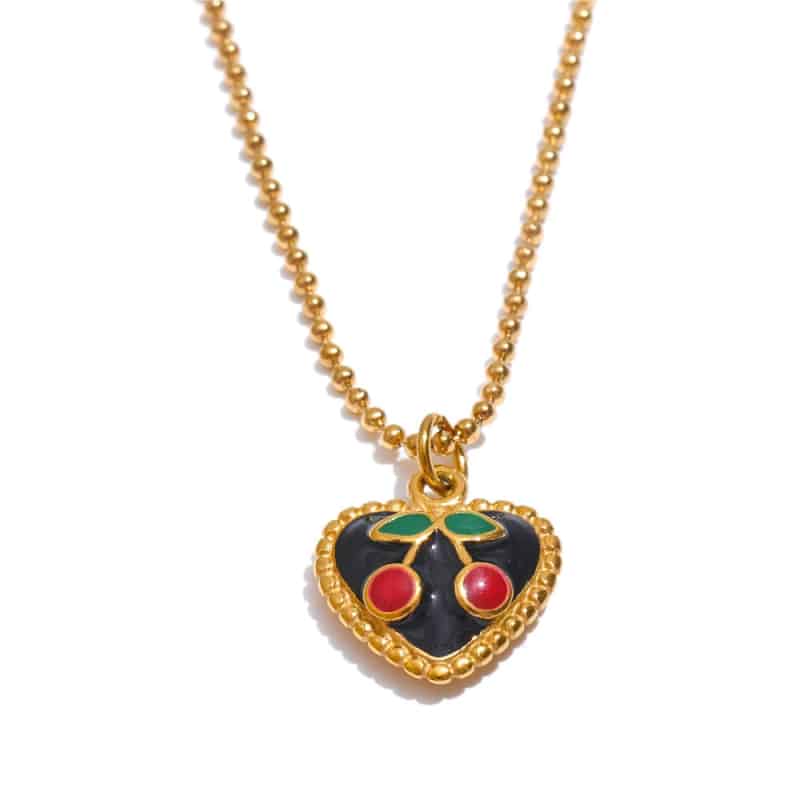 Stainless Steel Aesthetic Cherry Heart Pendant Necklace Gold