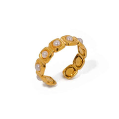 Stainless Steel Aesthetic Spiral Round Pearl Ring Gold