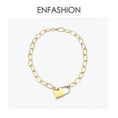 Stainless Steel Big Lock Link Chain Choker Necklace Yellow