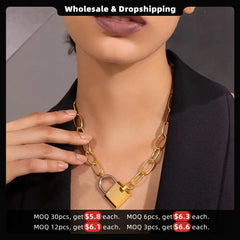 Stainless Steel Big Lock Link Chain Choker Necklace Yellow