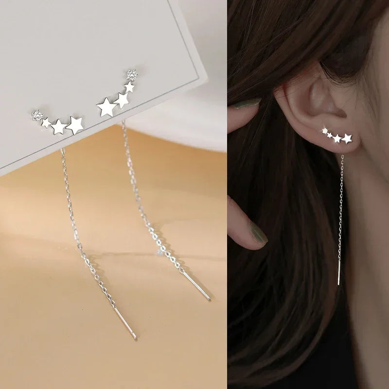 Stainless Steel Chain Long Tassel Drop Earrings Silver