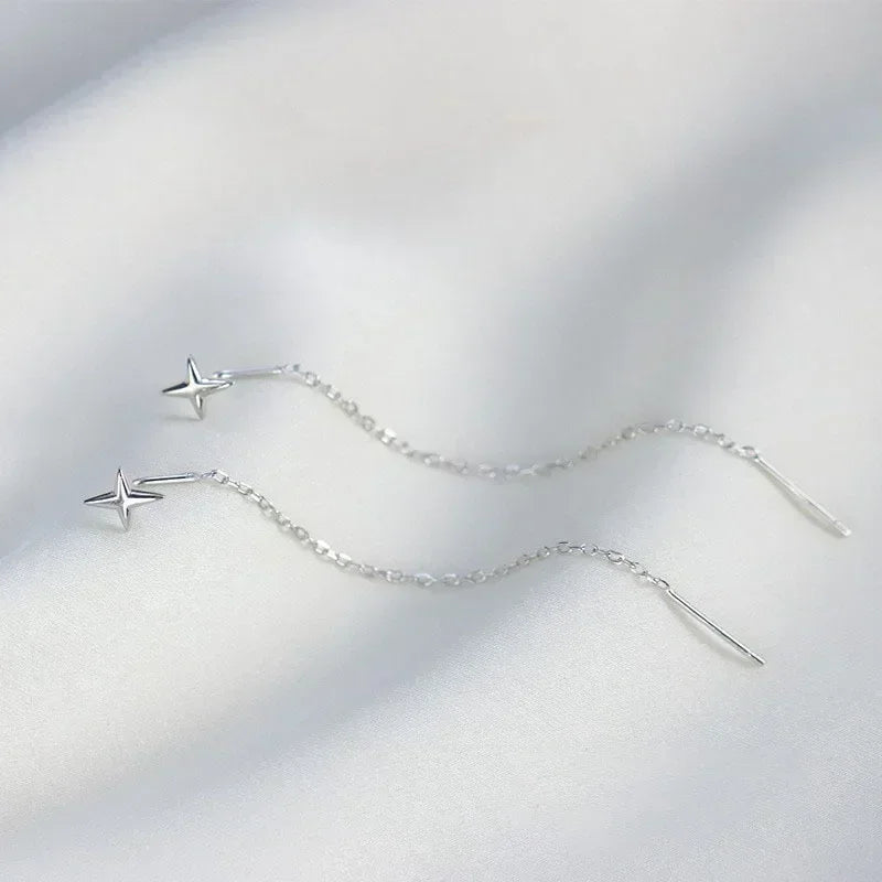 Stainless Steel Chain Long Tassel Drop Earrings Silver Star