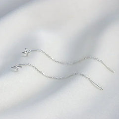 Stainless Steel Chain Long Tassel Drop Earrings Silver Star
