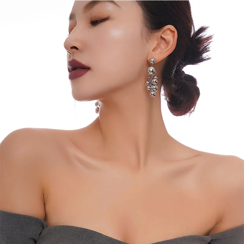 Stainless Steel Grapes Balls Long Earrings