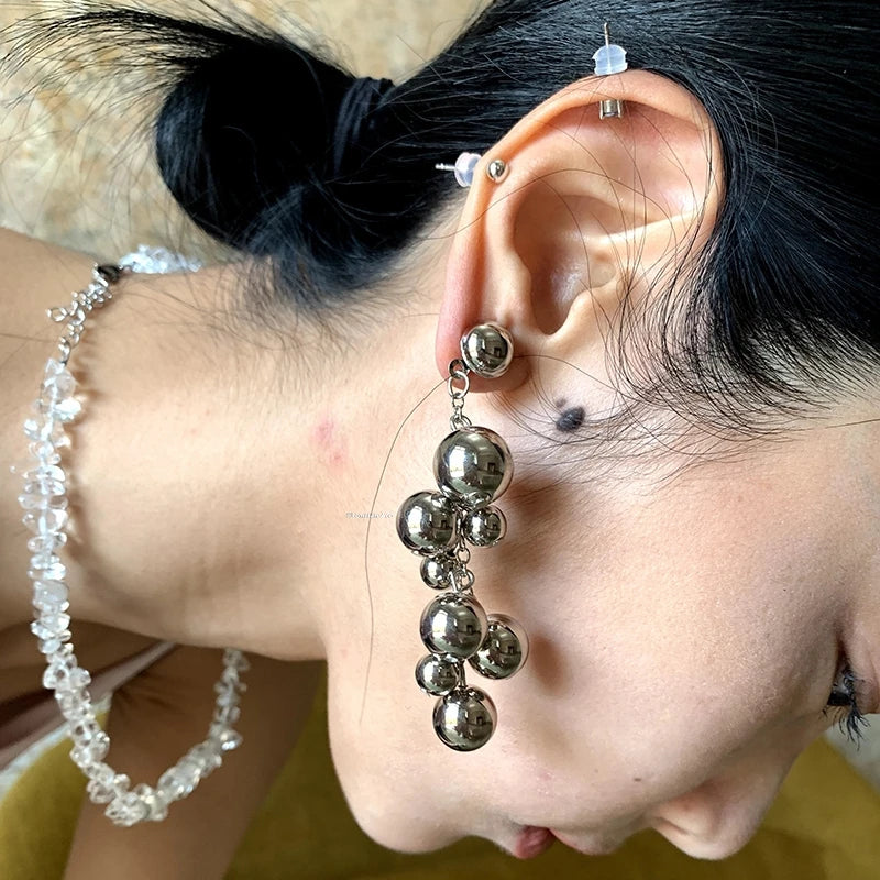 Stainless Steel Grapes Balls Long Earrings