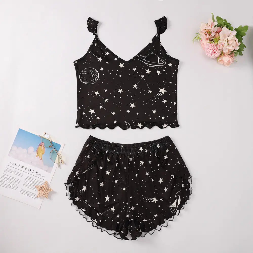 Star And Moon Print Shorts Pajama Suit - Black / S