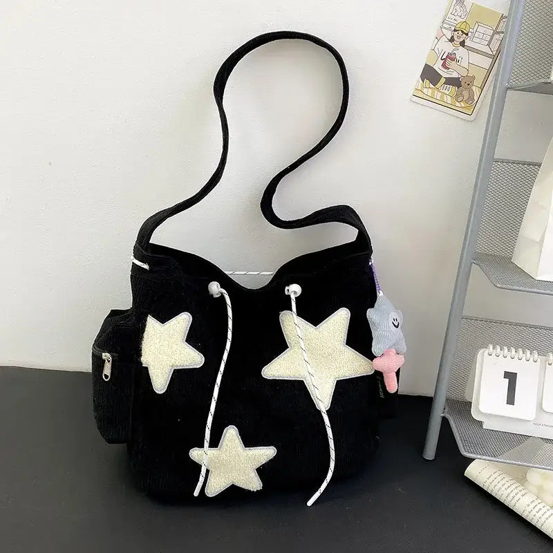 Star Corduroy Cross Body Bag - Black