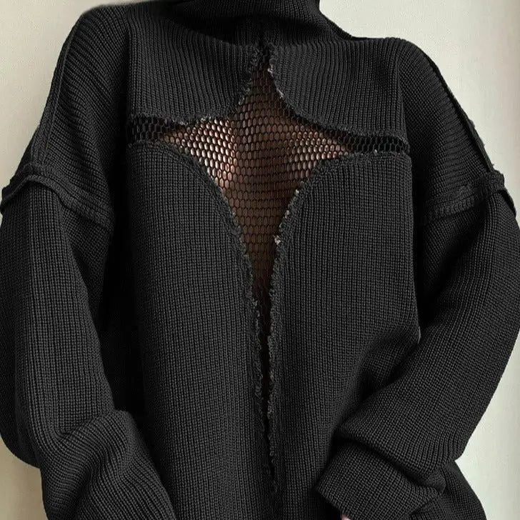 Star Pattern Mesh See Through Turtleneck Knit Sweater