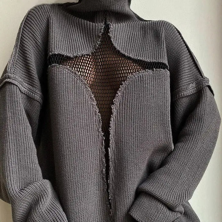 Star Pattern Mesh See Through Turtleneck Knit Sweater