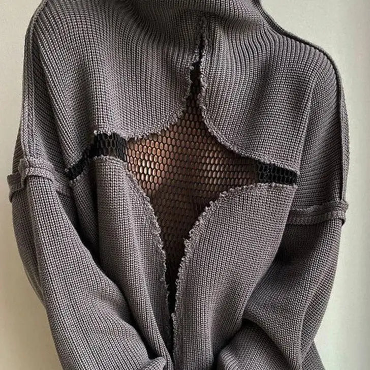 Star Pattern Mesh See Through Turtleneck Knit Sweater