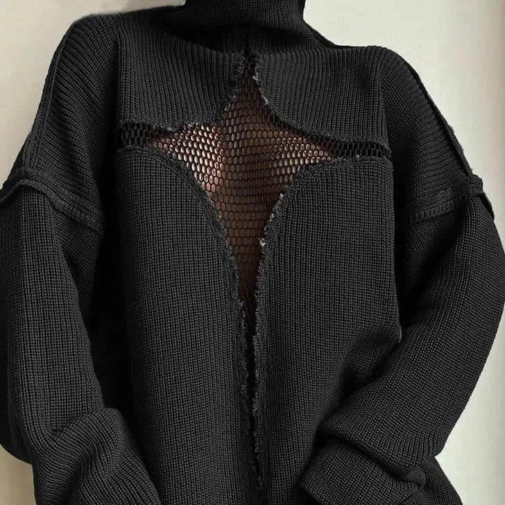 Star Pattern Mesh See Through Turtleneck Knit Sweater