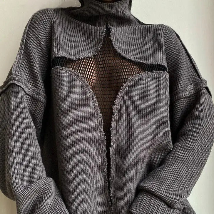 Star Pattern Mesh See Through Turtleneck Knit Sweater