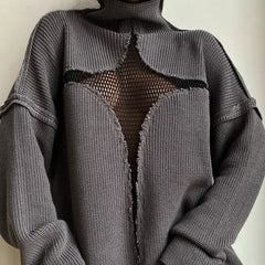 Star Pattern Mesh See Through Turtleneck Knit Sweater