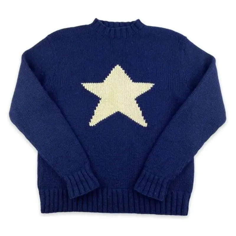Star Round Neck Knitted Sweater - Blue / M