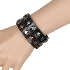 Star Spikes Rivet Snap Wrap PU Leather Bracelet