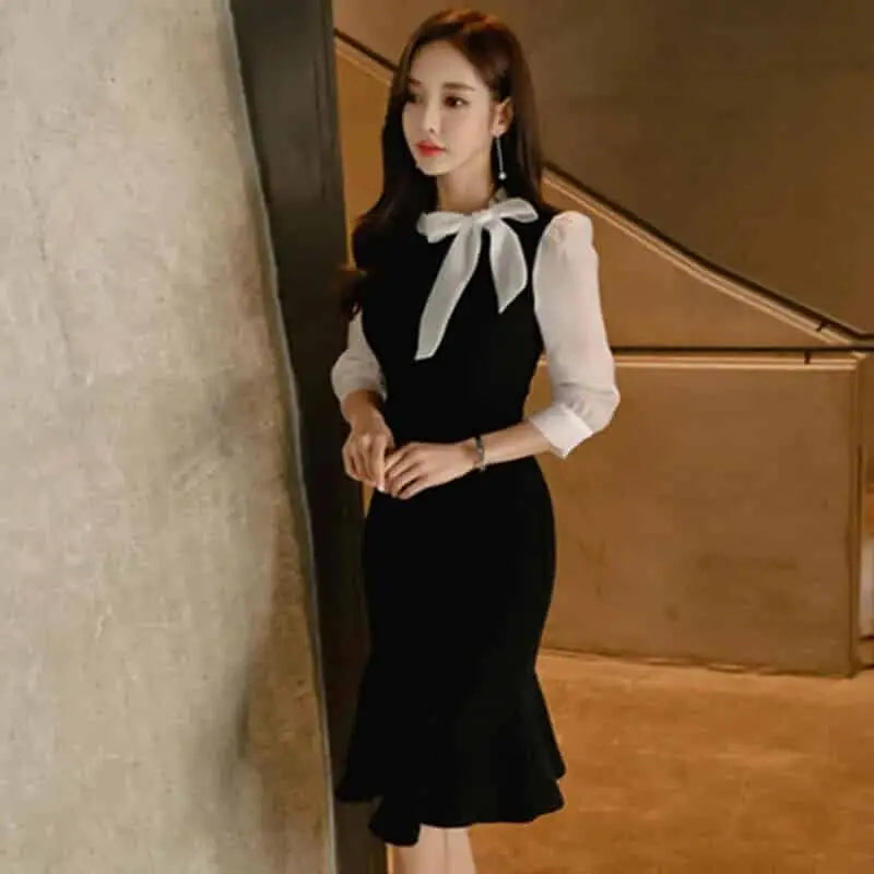Stitching Bow Tie Seven Point Sleeve Dress