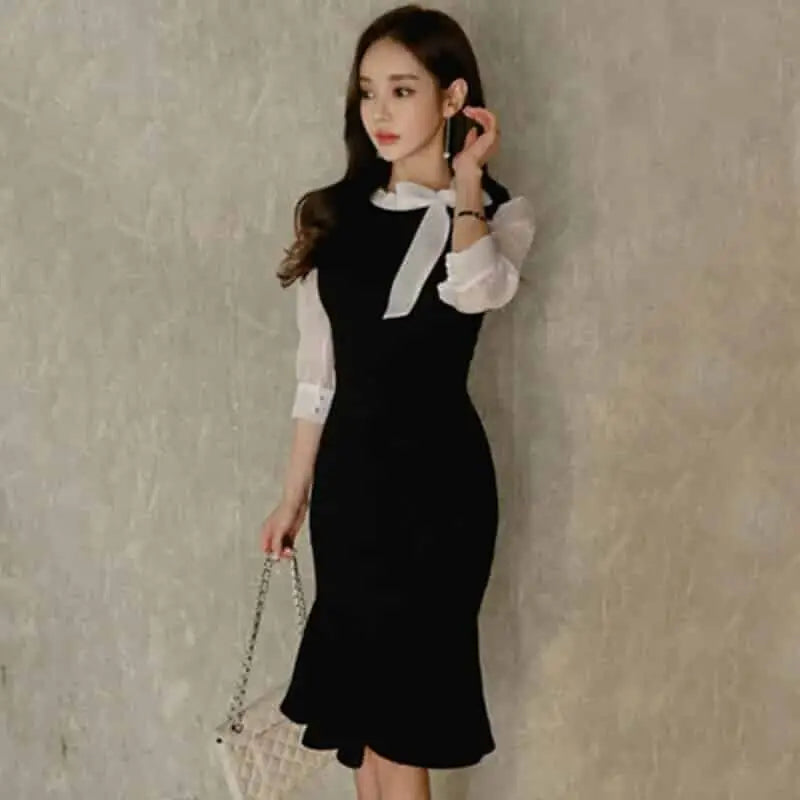 Stitching Bow Tie Seven Point Sleeve Dress