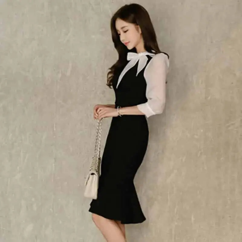 Stitching Bow Tie Seven Point Sleeve Dress