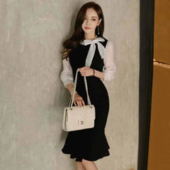 Stitching Bow Tie Seven Point Sleeve Dress
